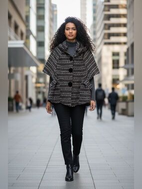 Damee, Inc. - Black, Purple and White Striped Poncho-Jacket